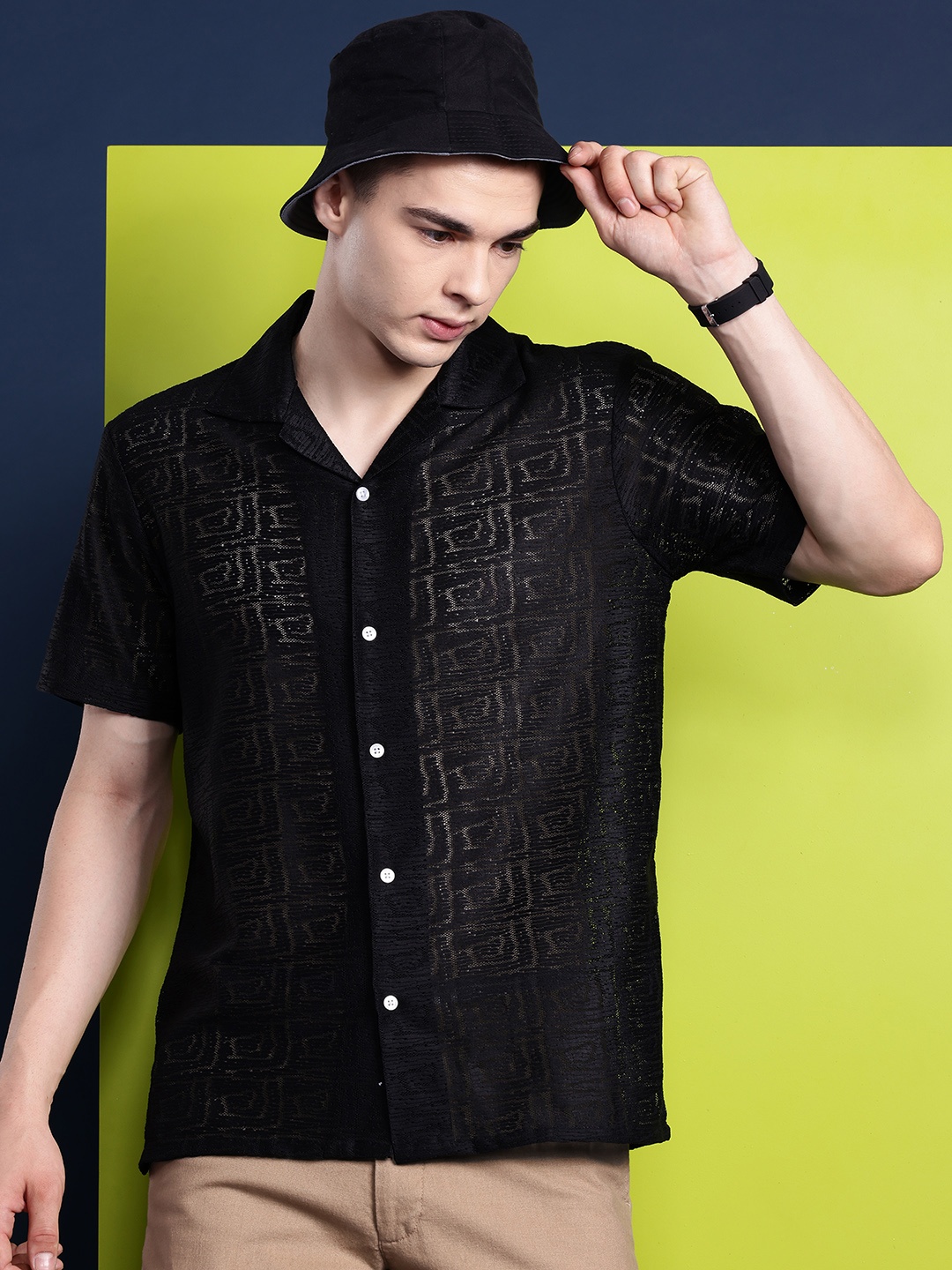 Hancock Men Crocheted Cuban Collar Relaxed Semi Sheer Casual Shirt, Black