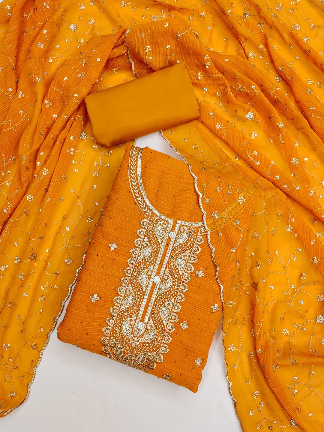 

KALINI Ethnic Motifs Embroidered Sequinned Unstitched Dress Material, Yellow