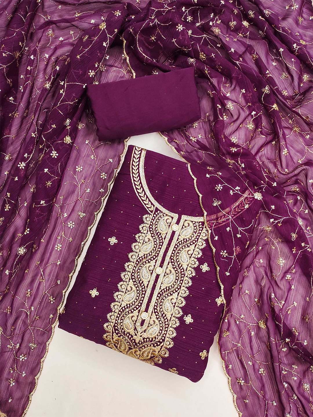 

KALINI Ethnic Motifs Embroidered Sequinned Unstitched Dress Material, Purple