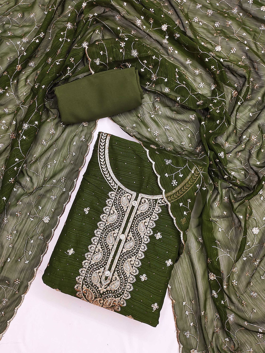 

KALINI Ethnic Motifs Embroidered Sequinned Unstitched Dress Material, Green