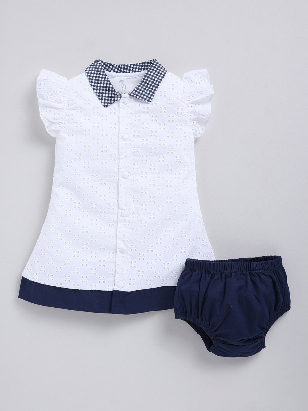 

BABY GO Girls Floral Print Cotton Shirt Collar Flutter Sleeve A-Line Dress With Panty, Navy blue