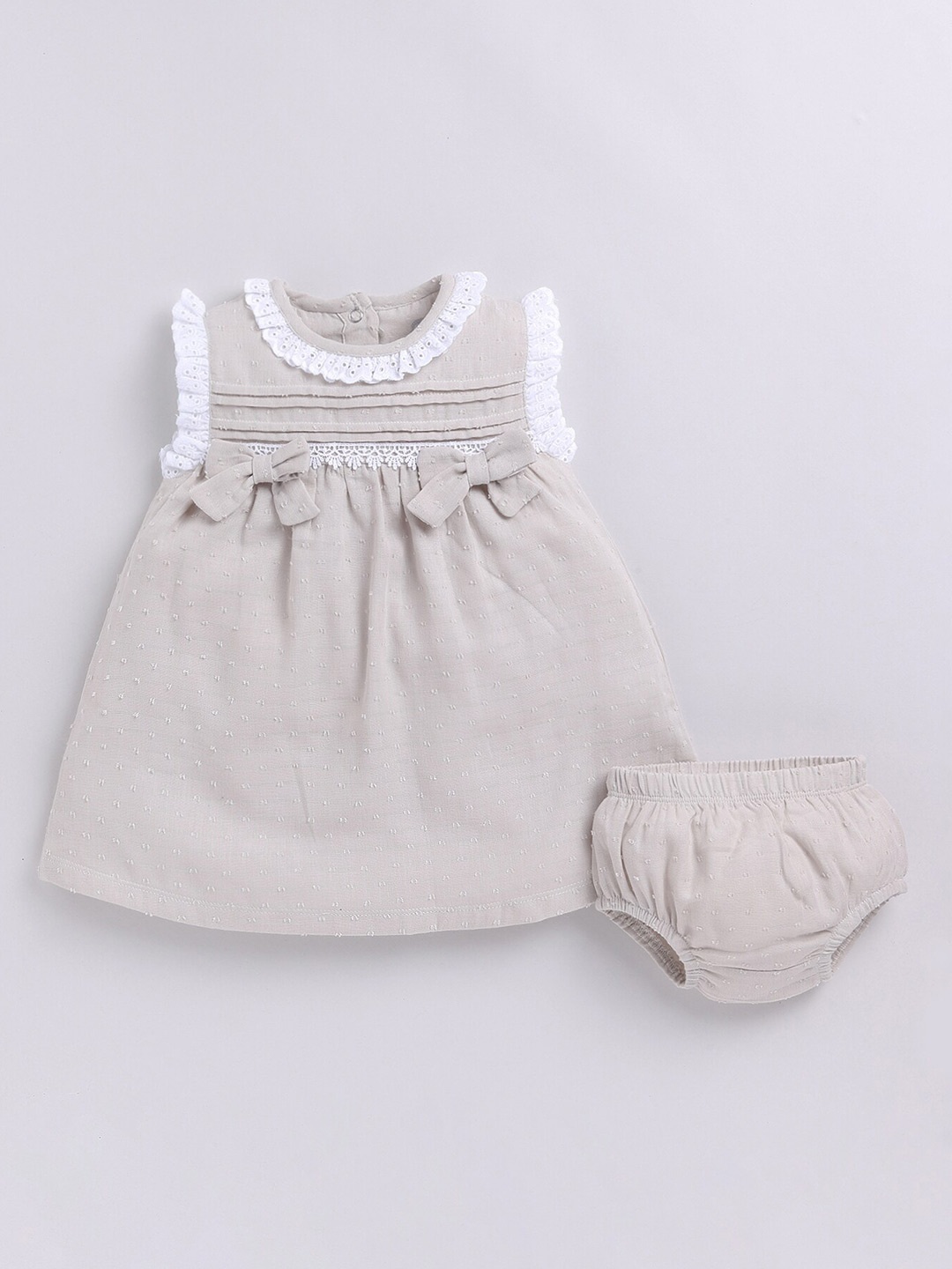 

BABY GO Girls Cotton Round Neck Sleeveless Fit & Flare Dress With Panty, Beige