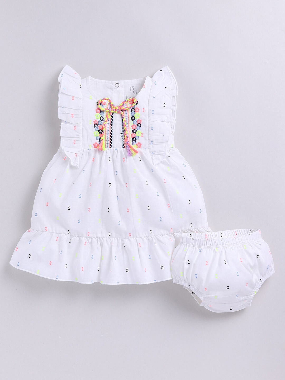 

BABY GO Girls Printed Cotton Tie-Up Neck Sleeveless Fit & Flare Dress With Panty, White