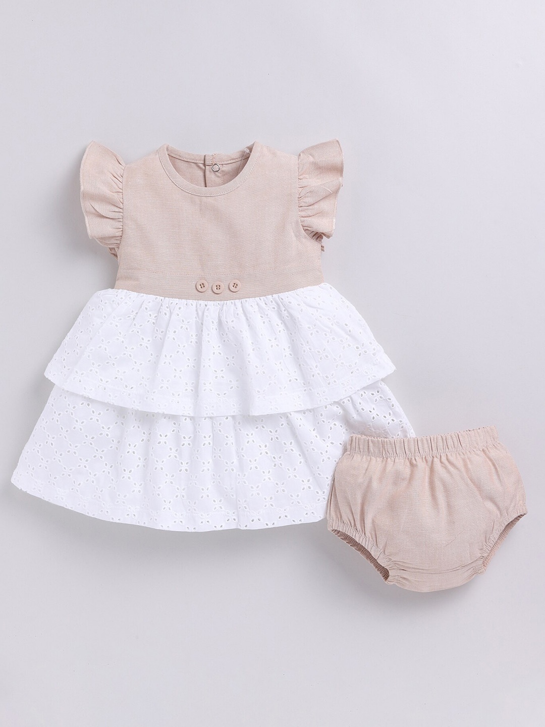 

BABY GO Girls Floral Print Cotton Round Neck Flutter Sleeve Fit & Flare Dress With Panty, Beige