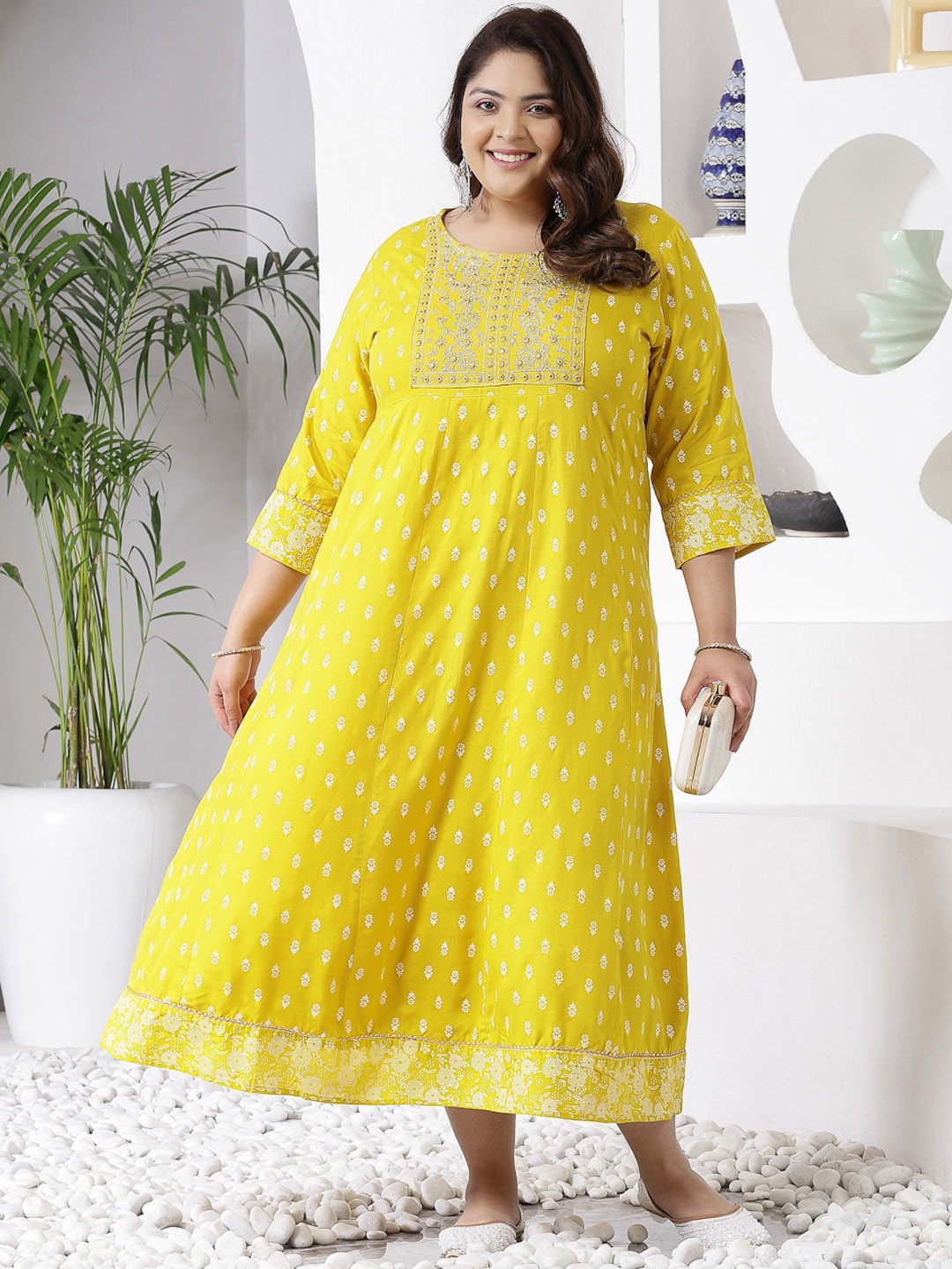 Little More By Stylum Floral Printed Anarkali Kurta, Mustard