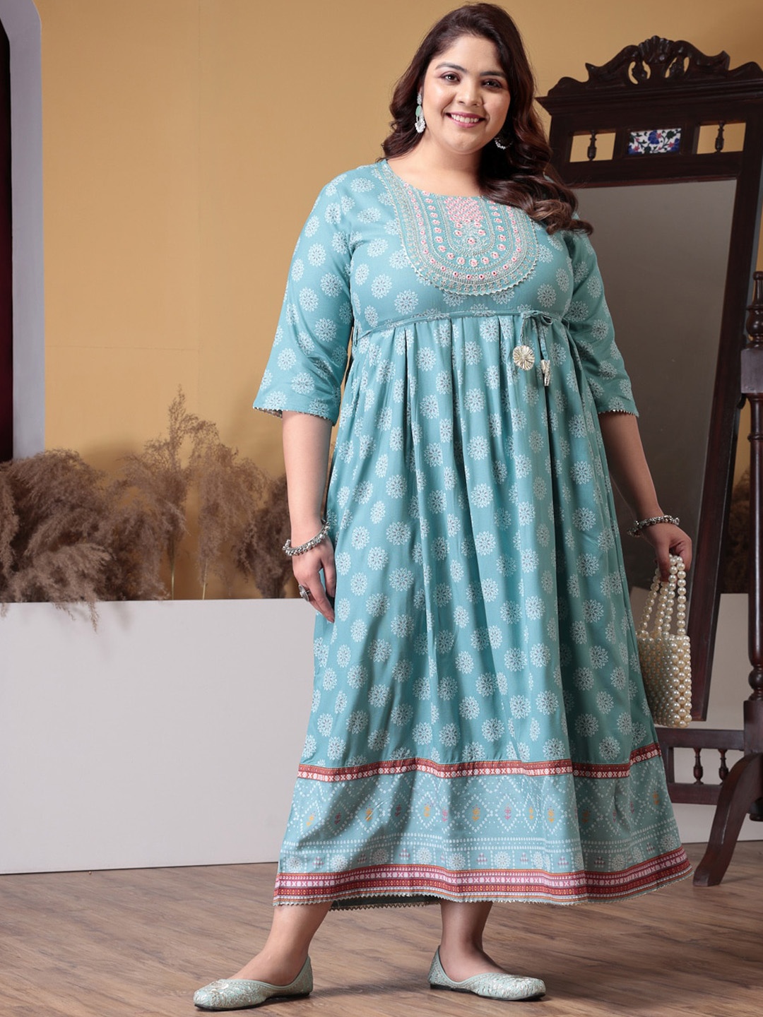 

Little More By Stylum Plus Size Ethnic Motifs Printed A-Line Kurta, Blue