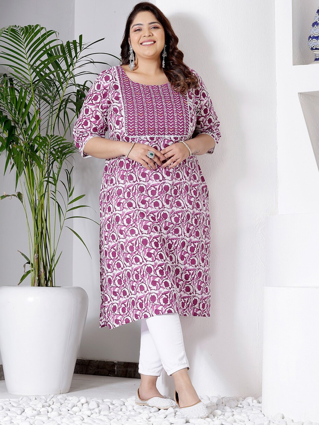 Little More By Stylum Plus Size Floral Printed Pure Cotton Straight Kurta, Purple
