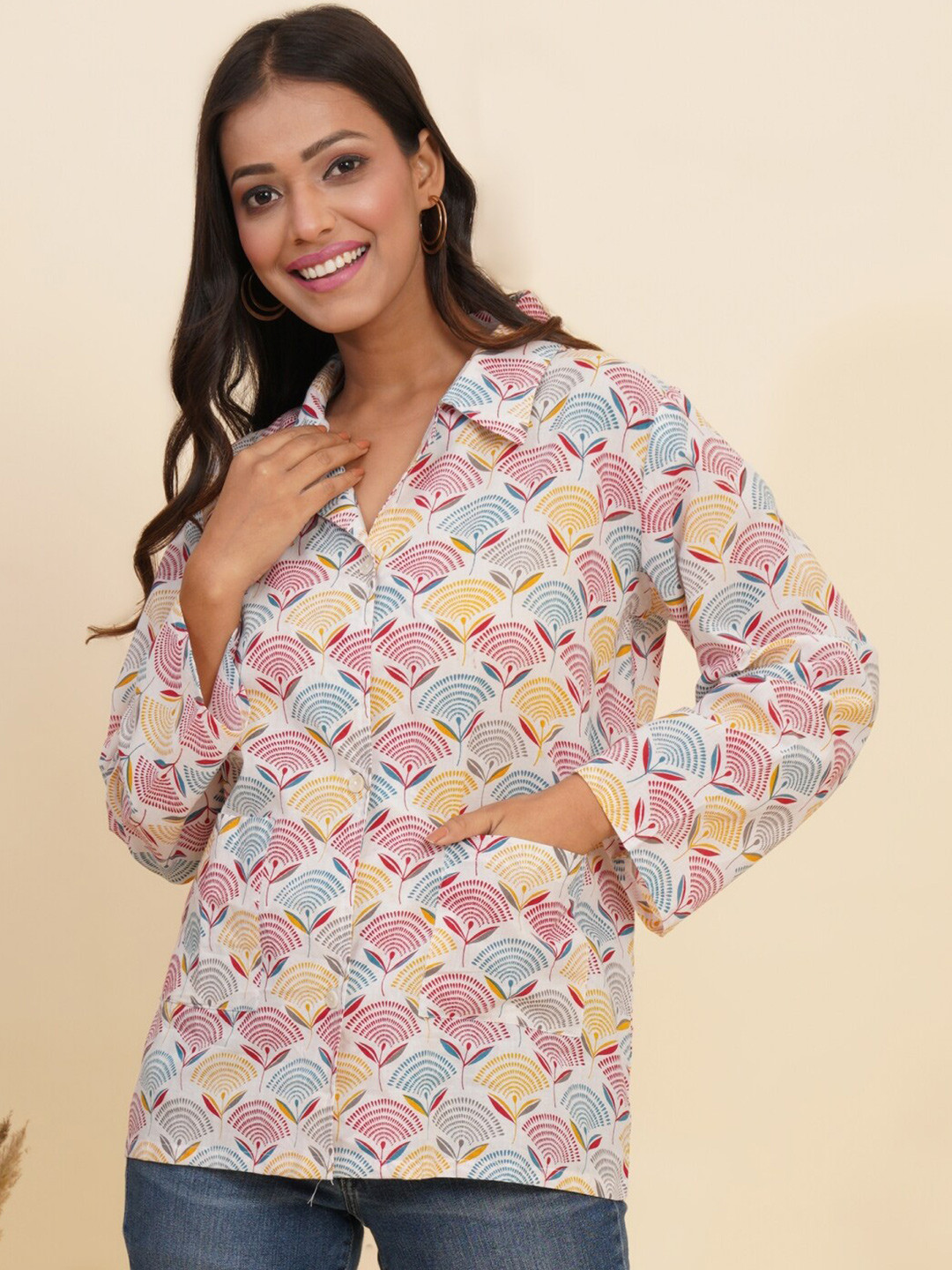 

YASH GALLERY Women Printed Spread Collar Long Sleeves Regular Fit Casual Shirt, Multi