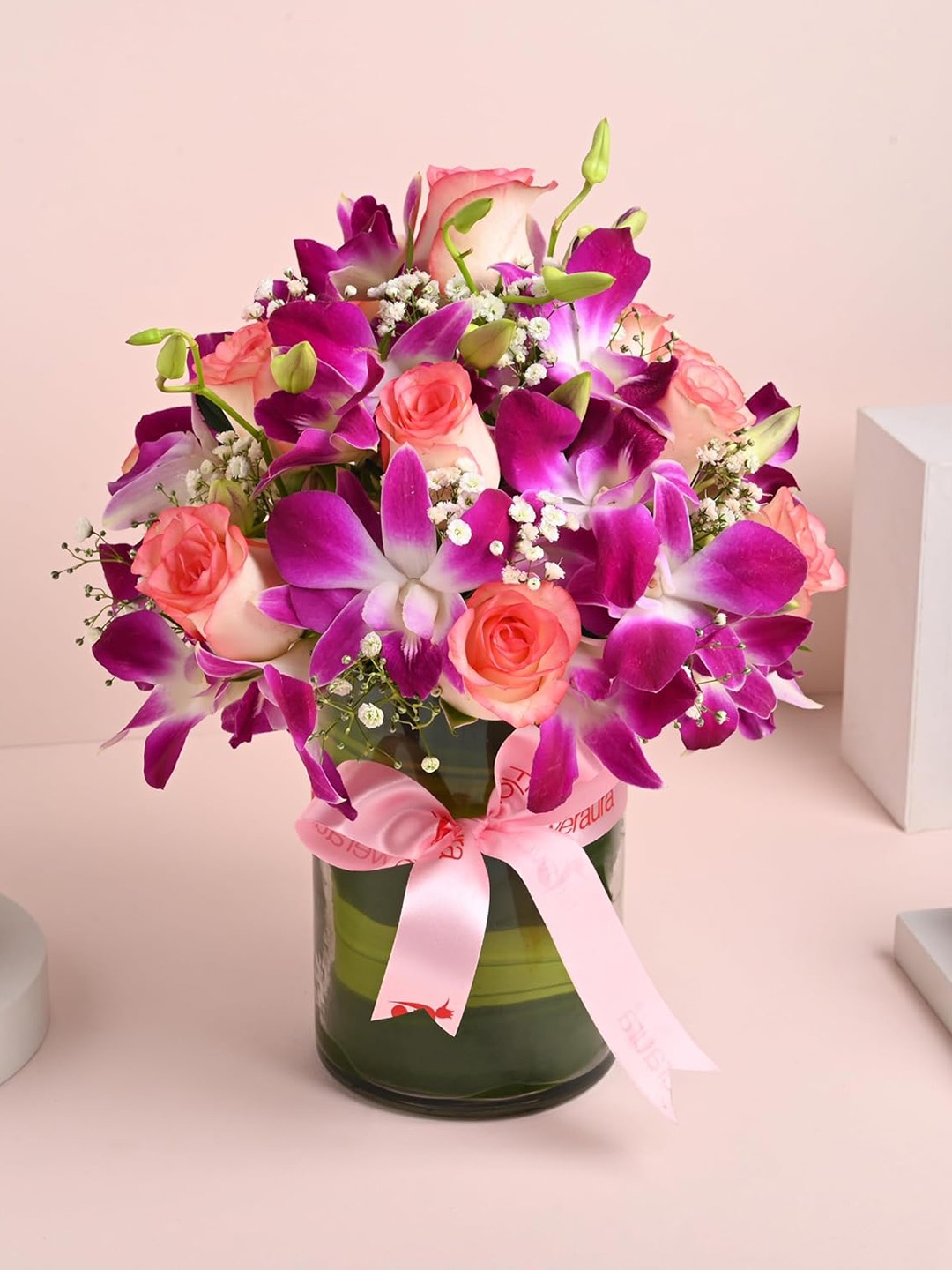 

Floweraura Pink & Purple 12 Pieces Roses & Orchids Bouquet In Glass Vase Pot