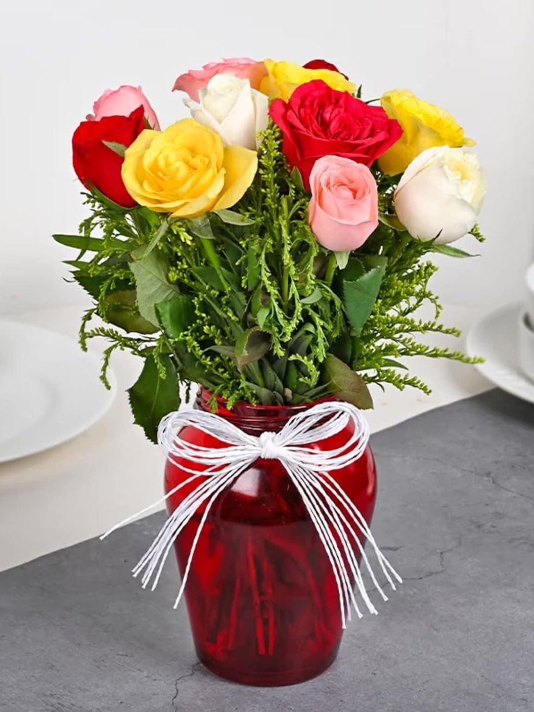 

Floweraura Red & Yellow 12 Pcs Mixed Color Fresh Live Roses Flowers Bouquet In Glass Vase