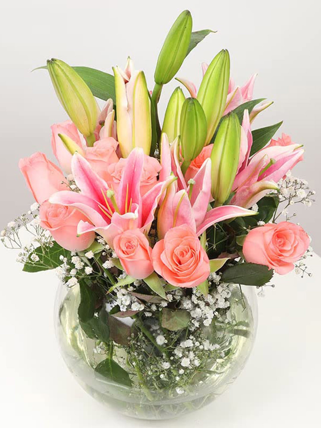 

Floweraura 16 Pieces Pink & Green Roses & Lilies Fresh Flowers With Glass Pot Vase