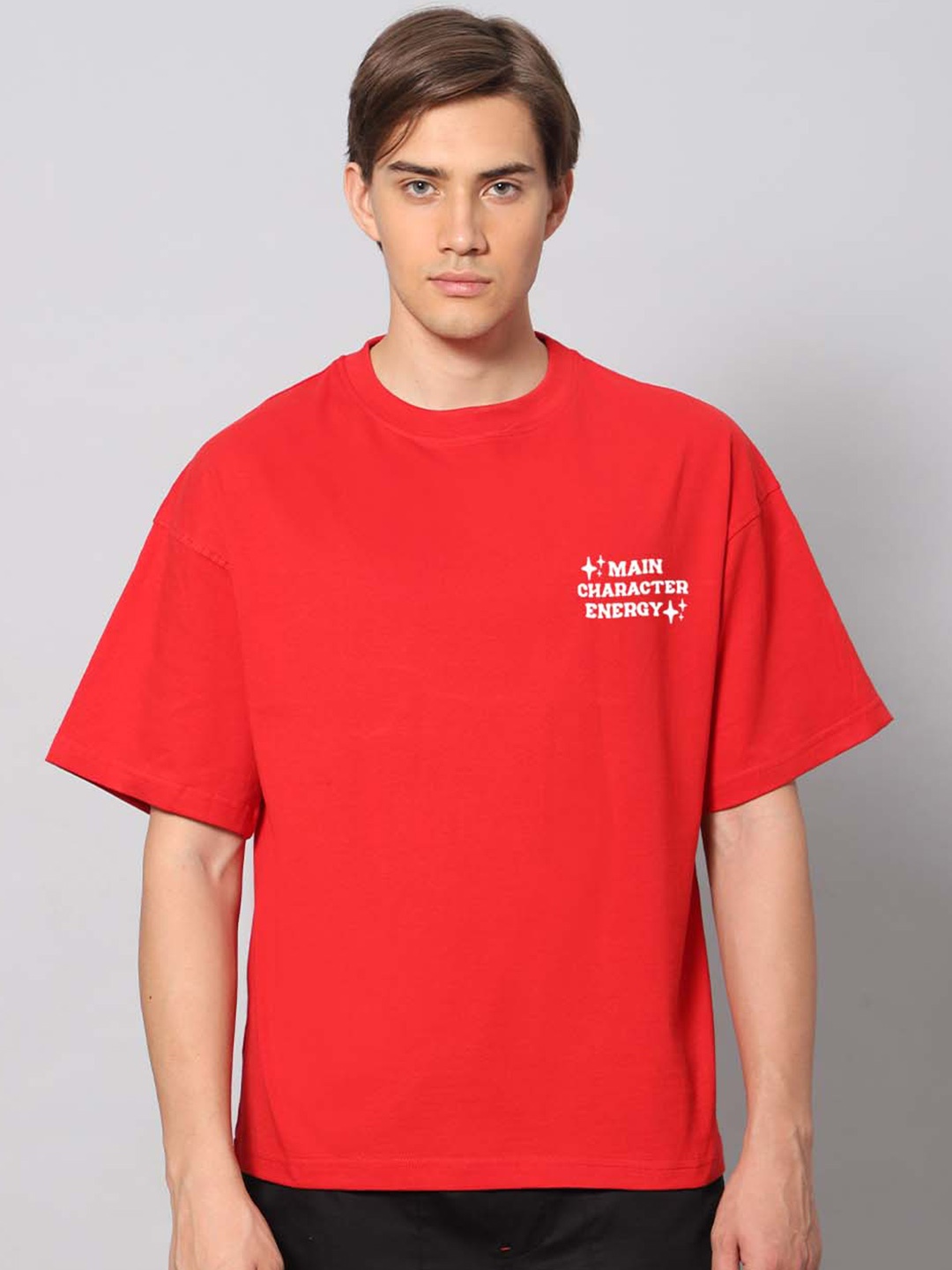 

Besick Round Neck Drop-Shoulder Sleeves Cotton Oversized T-shirt, Red