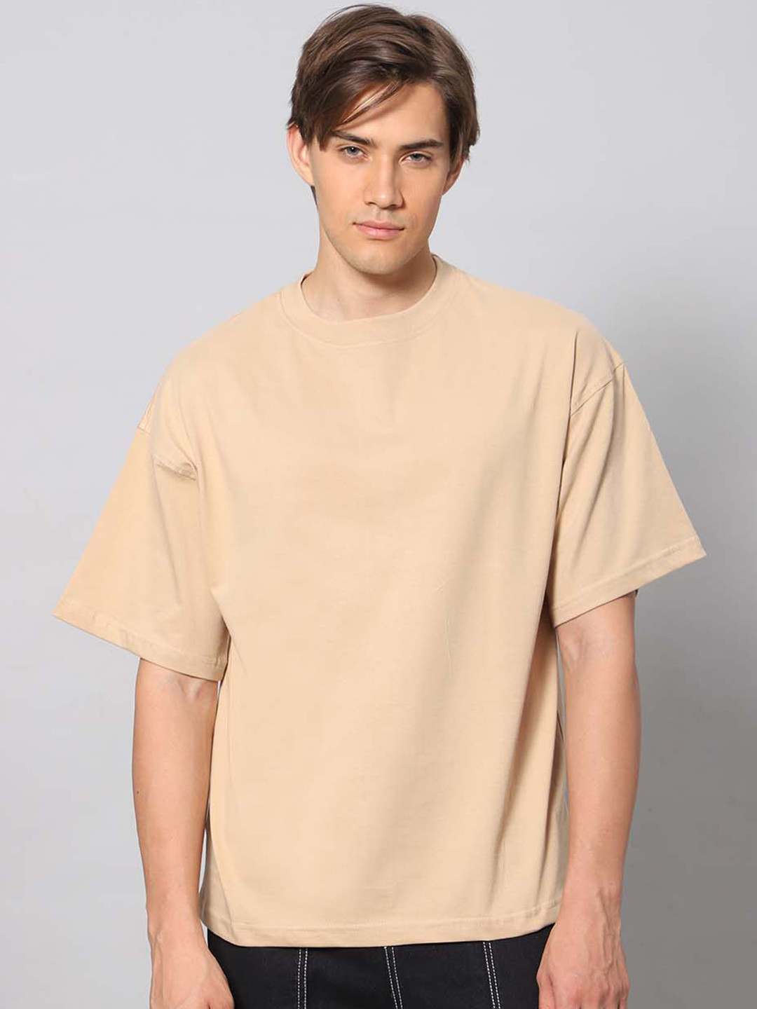 

Besick Round Neck Drop-Shoulder Sleeves Cotton Oversized T-shirt, Beige