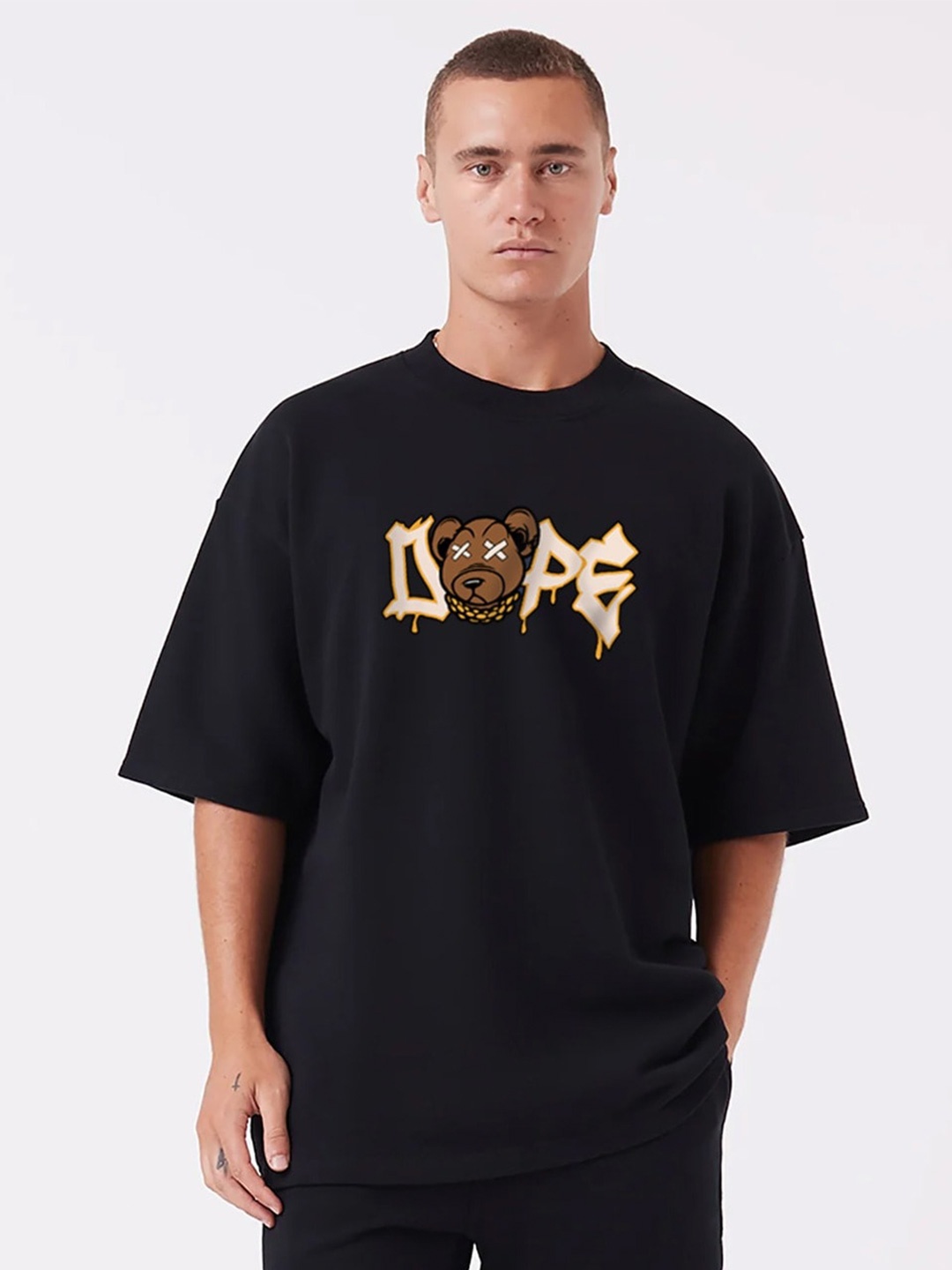 

MISCHIEF MONKEY Printed Round Neck Short Sleeves Cotton T-shirt, Black