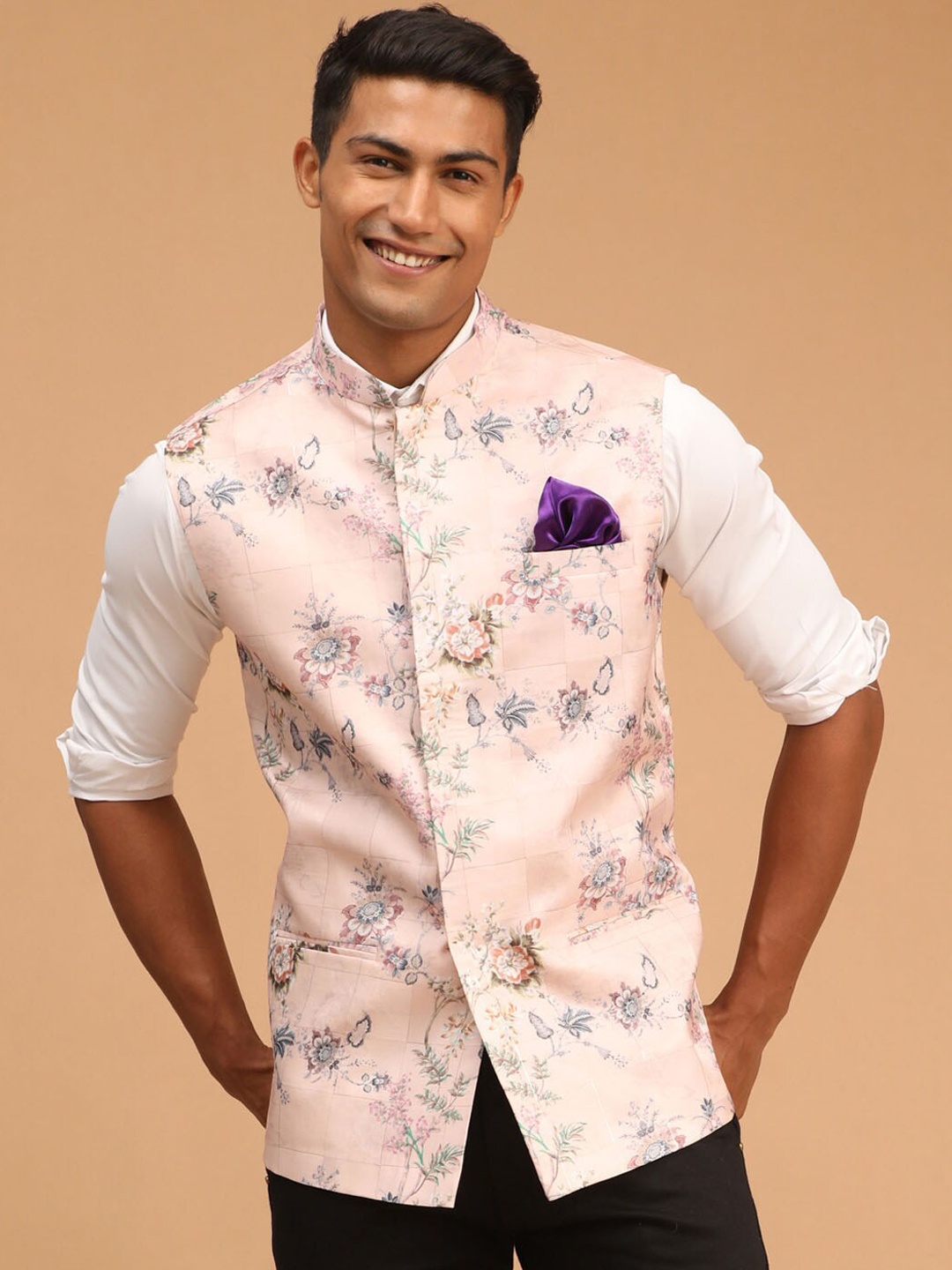 

VASTRAMAY Printed Nehru Jacket, Peach
