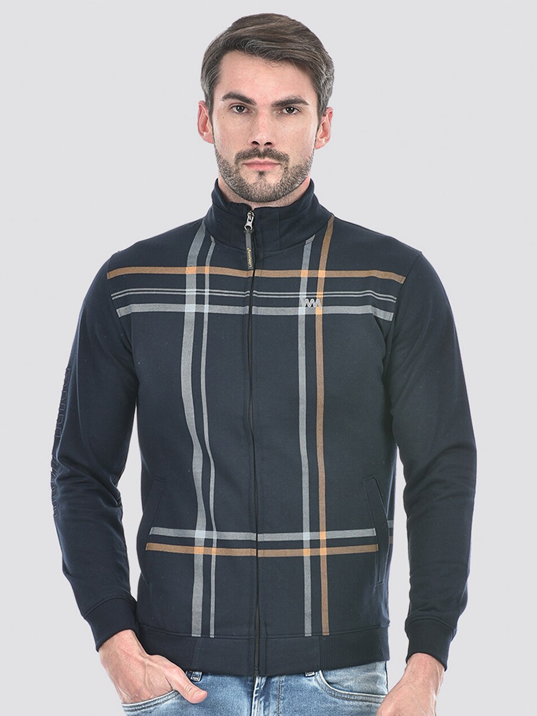 

Lawman pg3 Checked Mock Collar Pure Cotton Front Open Sweatshirt, Navy blue