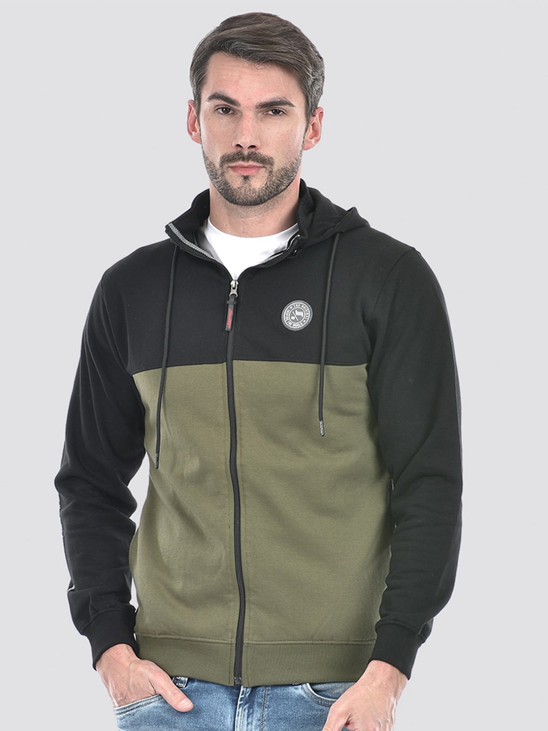 

Lawman pg3 Colourblocked Hooded Long Sleeves Zip Detail Cotton Front Open Sweatshirt, Black