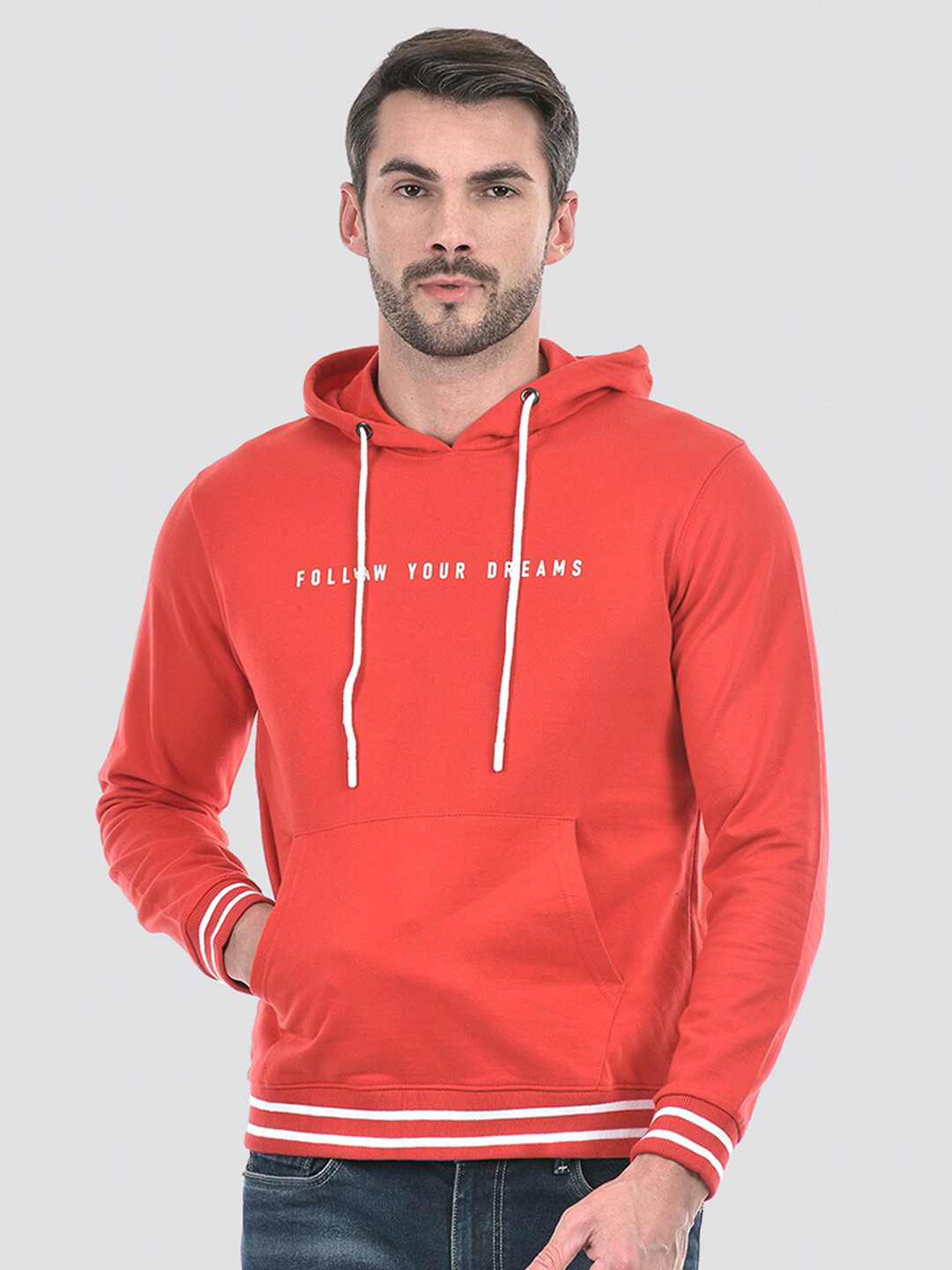 

Lawman pg3 Typography Printed Hooded Long Sleeves Zip Detail Cotton Pullover Sweatshirt, Red