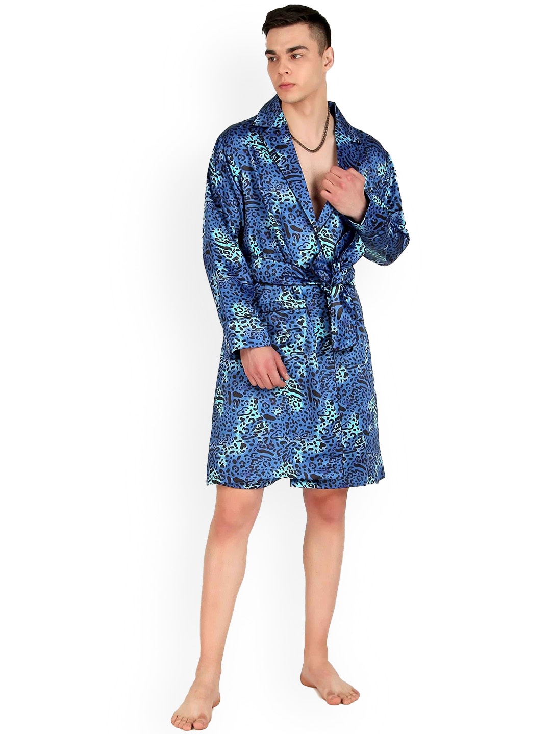 

Bella Babe by SK Printed Premium Satin Long Sleeved Robe With Belt, Blue