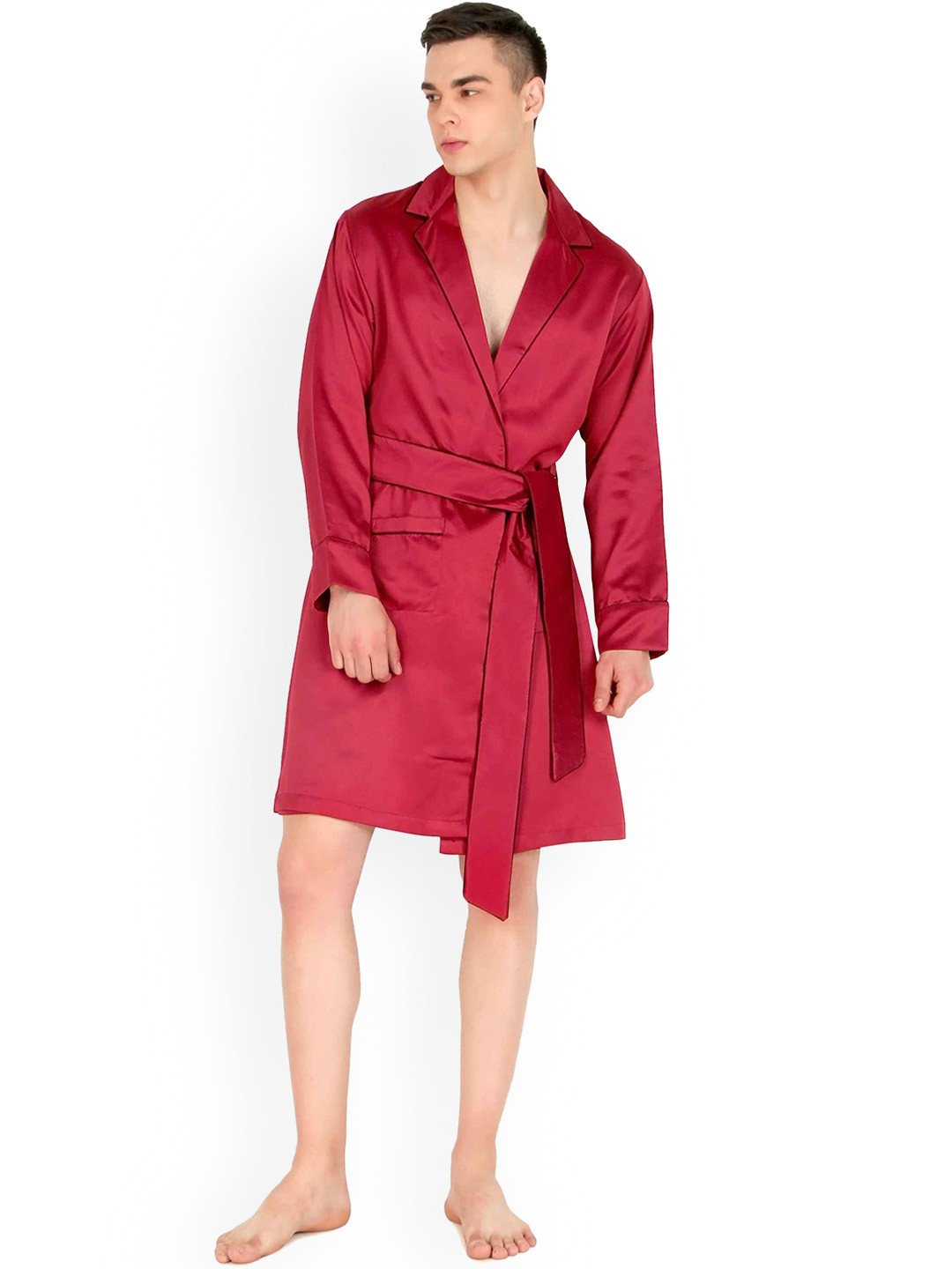 

Bella Babe by SK Notched Lapel Collar Satin Robe With Shorts, Red