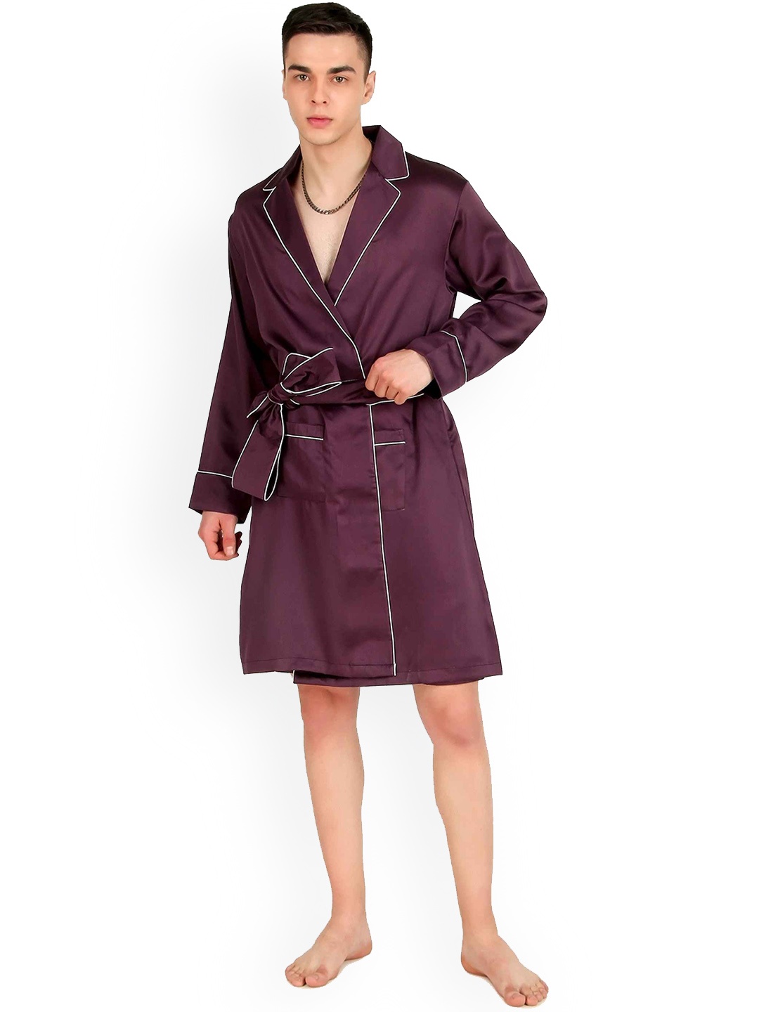 

Bella Babe by SK Notched Lapel Collar Satin Robe With Shorts, Burgundy