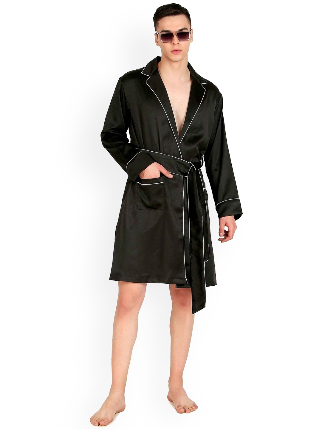 

Bella Babe by SK Satin Long Sleeved Robe With Belt, Black