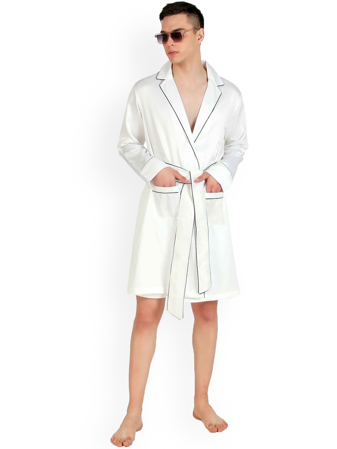 

Bella Babe by SK Notched Lapel Collar Satin Robe With Shorts, White