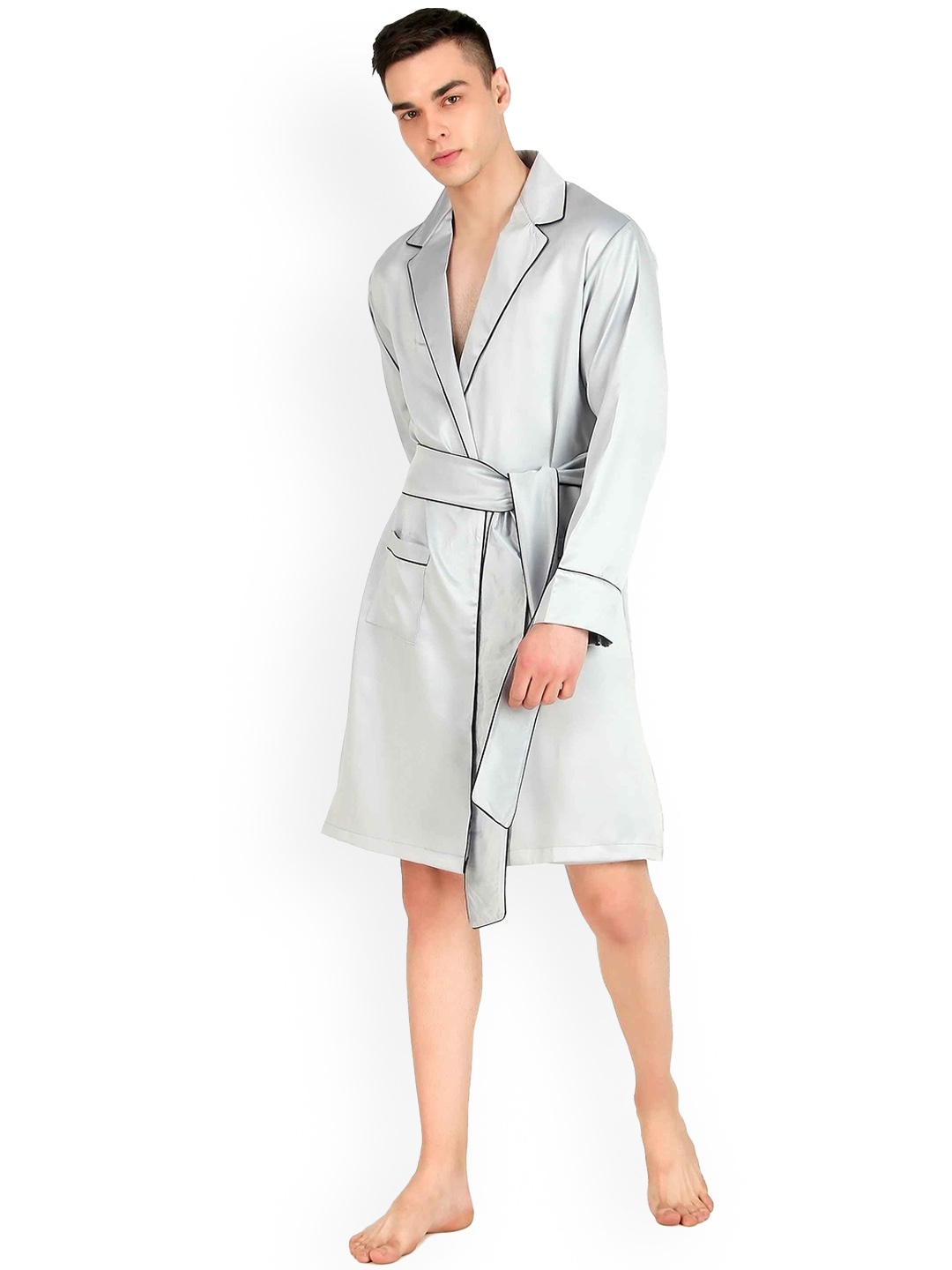 

Bella Babe by SK Notched Lapel Collar Satin Robe With Shorts, Silver