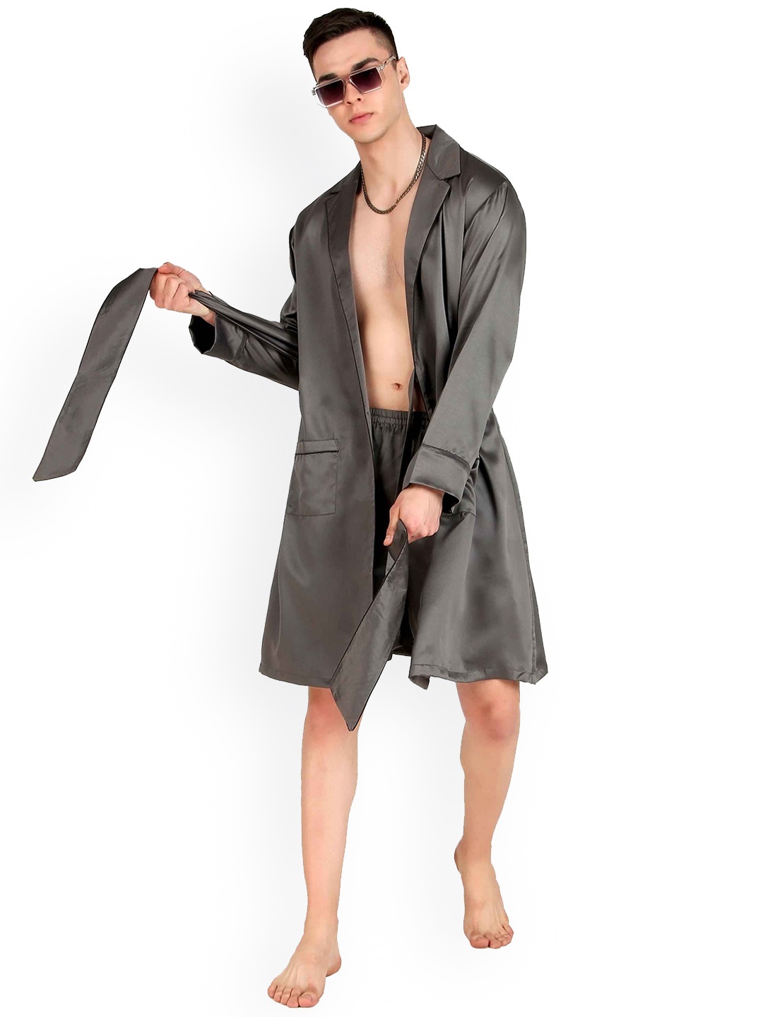 

Bella Babe by SK Satin Long Sleeved Robe With Belt, Grey