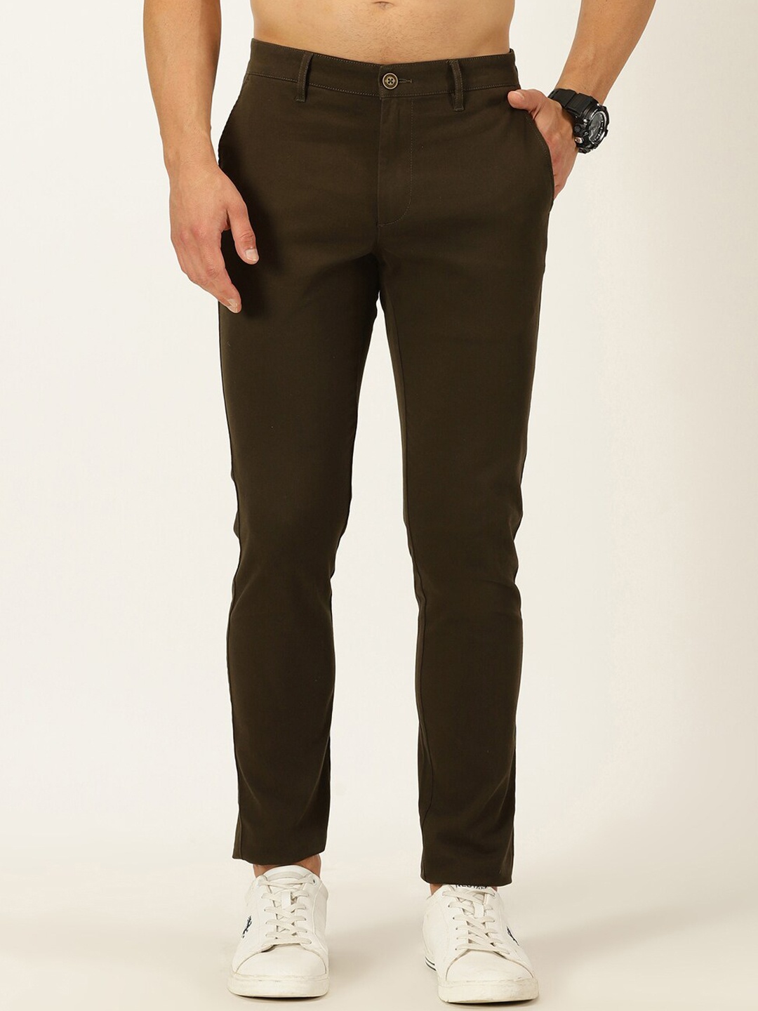 

Mast & Harbour Men Olive Green Smart Slim Fit Cotton Chinos Trousers