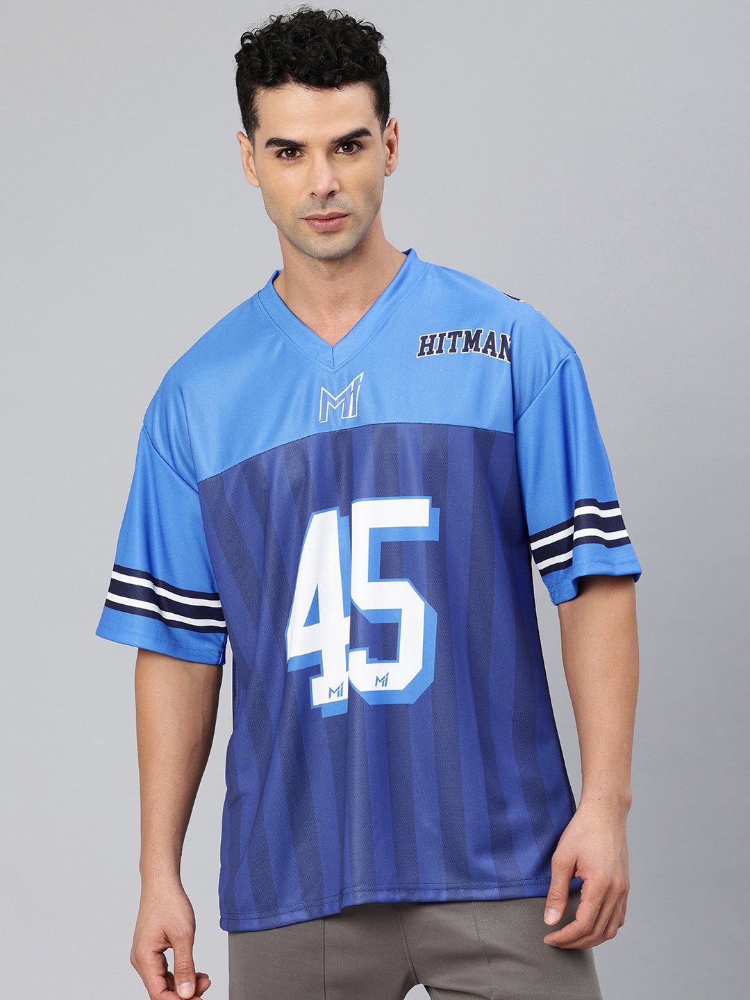 

Mumbai Indians Men Colourblocked Drop-Shoulder Sleeves Hitman Oversized Rugby T-Shirt, Navy blue