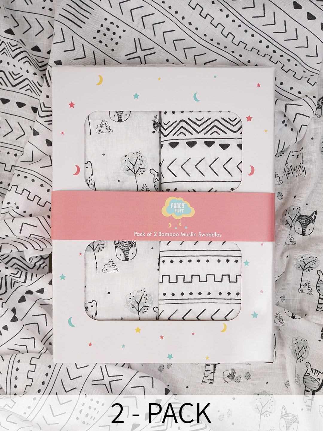 

Fancy Fluff Infants Pack Of 2 Printed Bamboo Muslin Swaddles, White