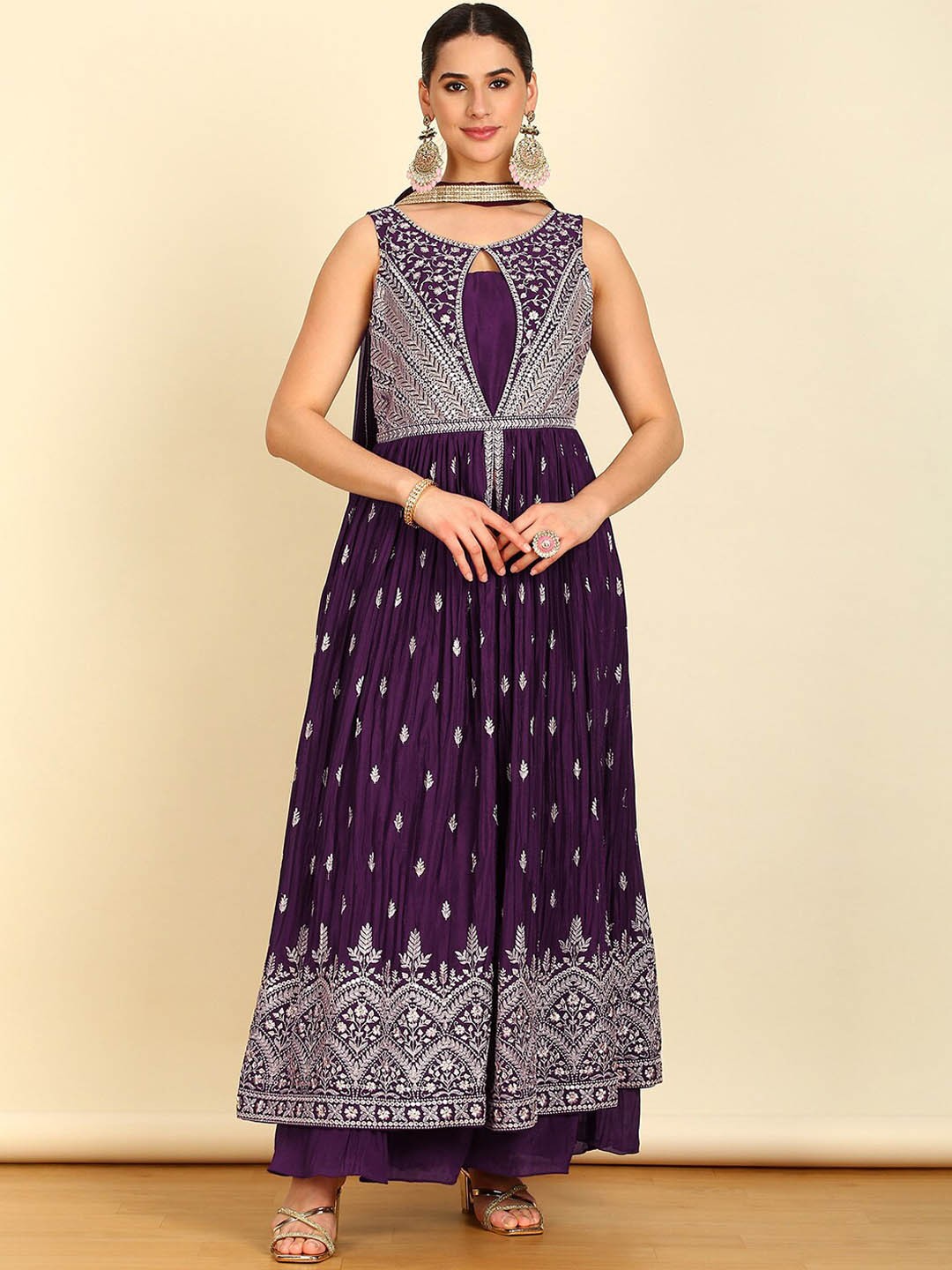 

Soch Round Neck Ethnic Motifs Embroidered Pleated Beads and Stones Kurta Set, Purple