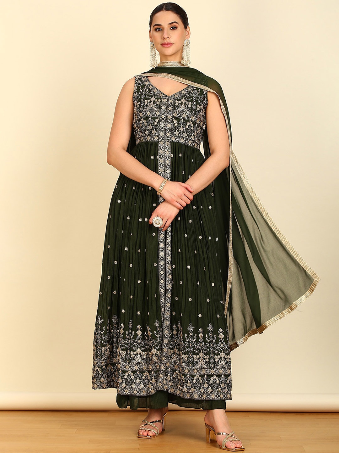 

Soch V Neck Ethnic Motifs Embroidered Pleated Sequinned Kurta Set, Green