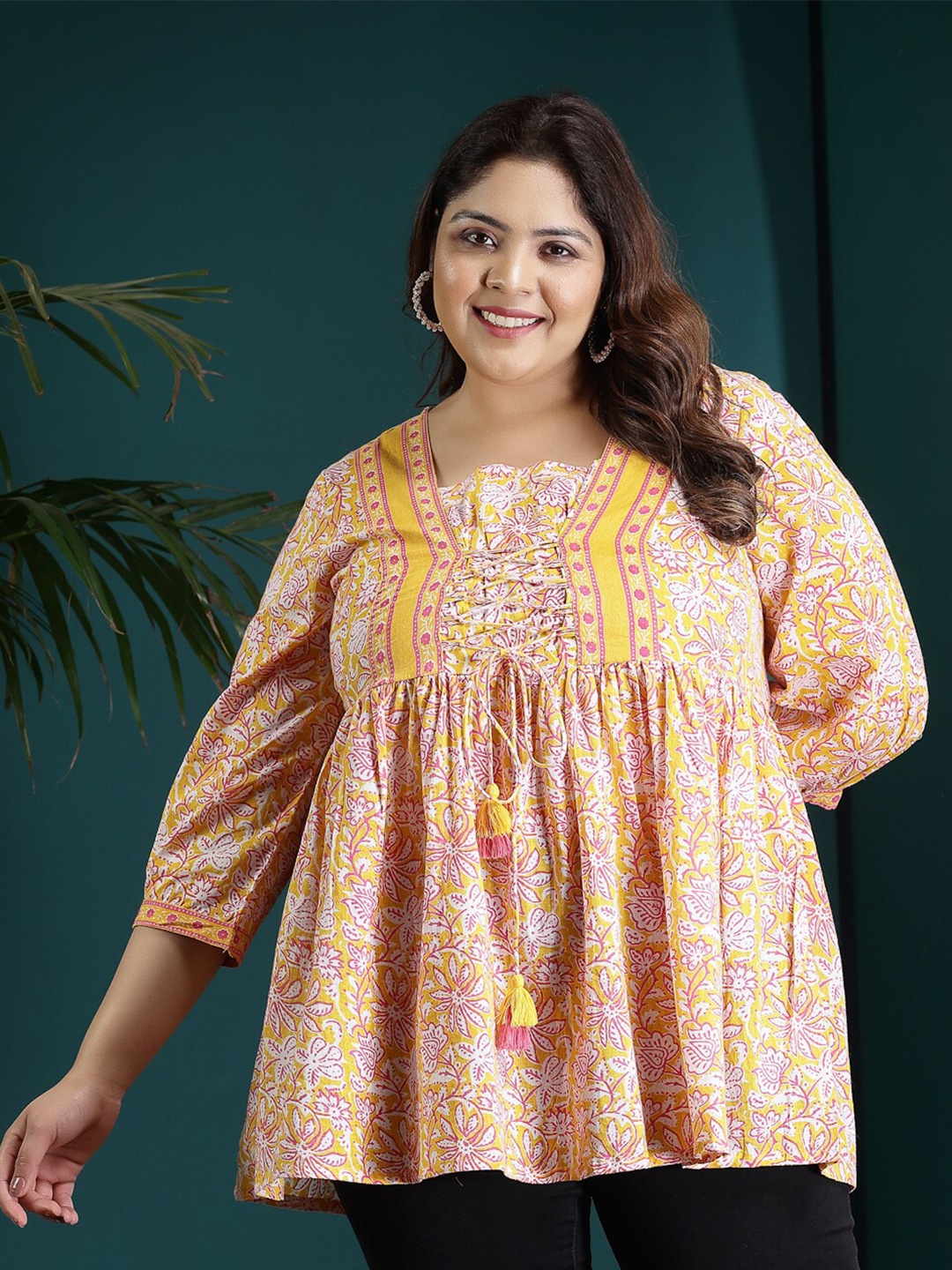Little More By Stylum Plus Size Floral Printed Pure Cotton Empire Top, Yellow