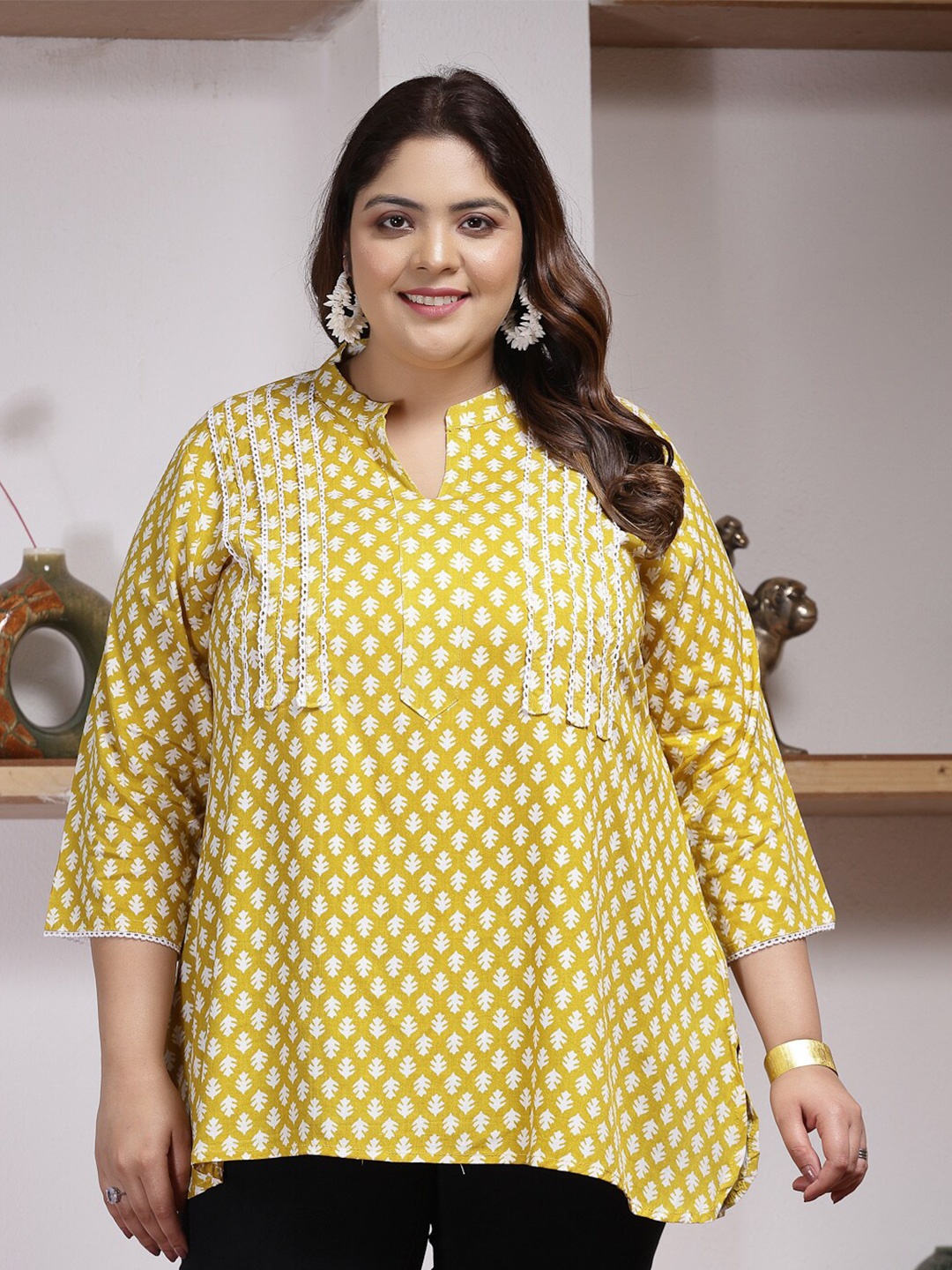 

Little More By Stylum Plus Size Ethnic Motif Printed A-Line Top, Mustard