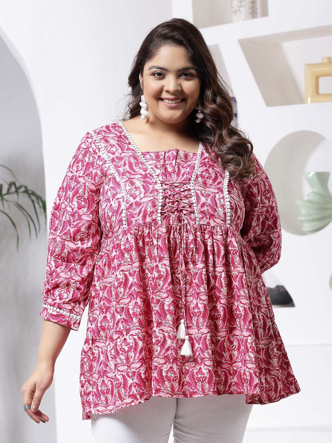 

Little More By Stylum Plus Size Floral Printed A-Line Top, Pink