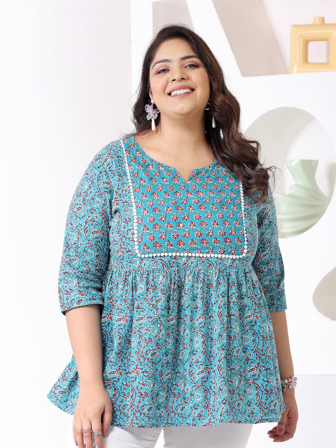 

Little More By Stylum Plus Size Floral Printed Cotton A-Line Top, Turquoise blue