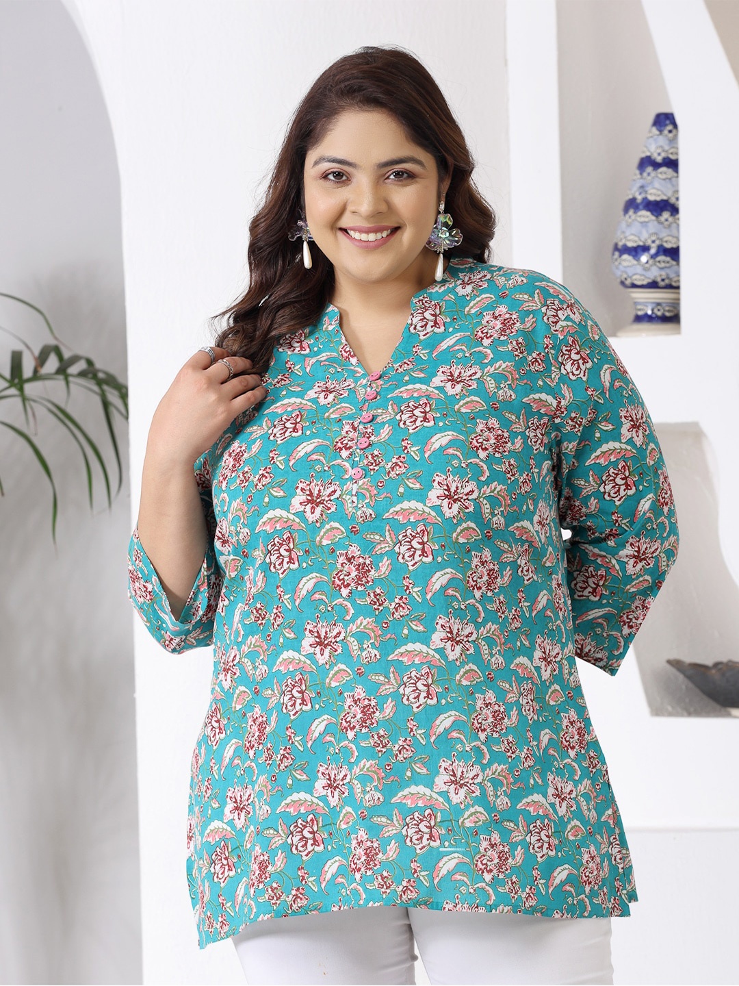 Little More By Stylum Plus Size Floral Printed Mandarin Collar Pure Cotton A-Line Top, Turquoise blue