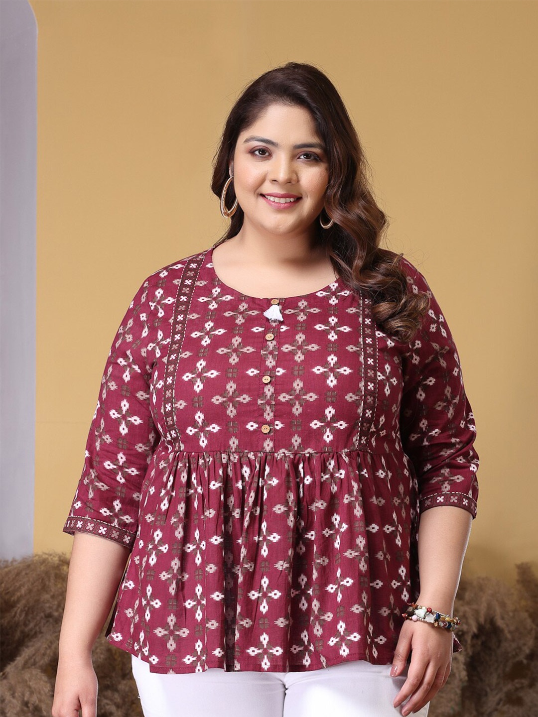 

Little More By Stylum Plus Size Geometric Printed Pure Cotton A-Line Top, Maroon