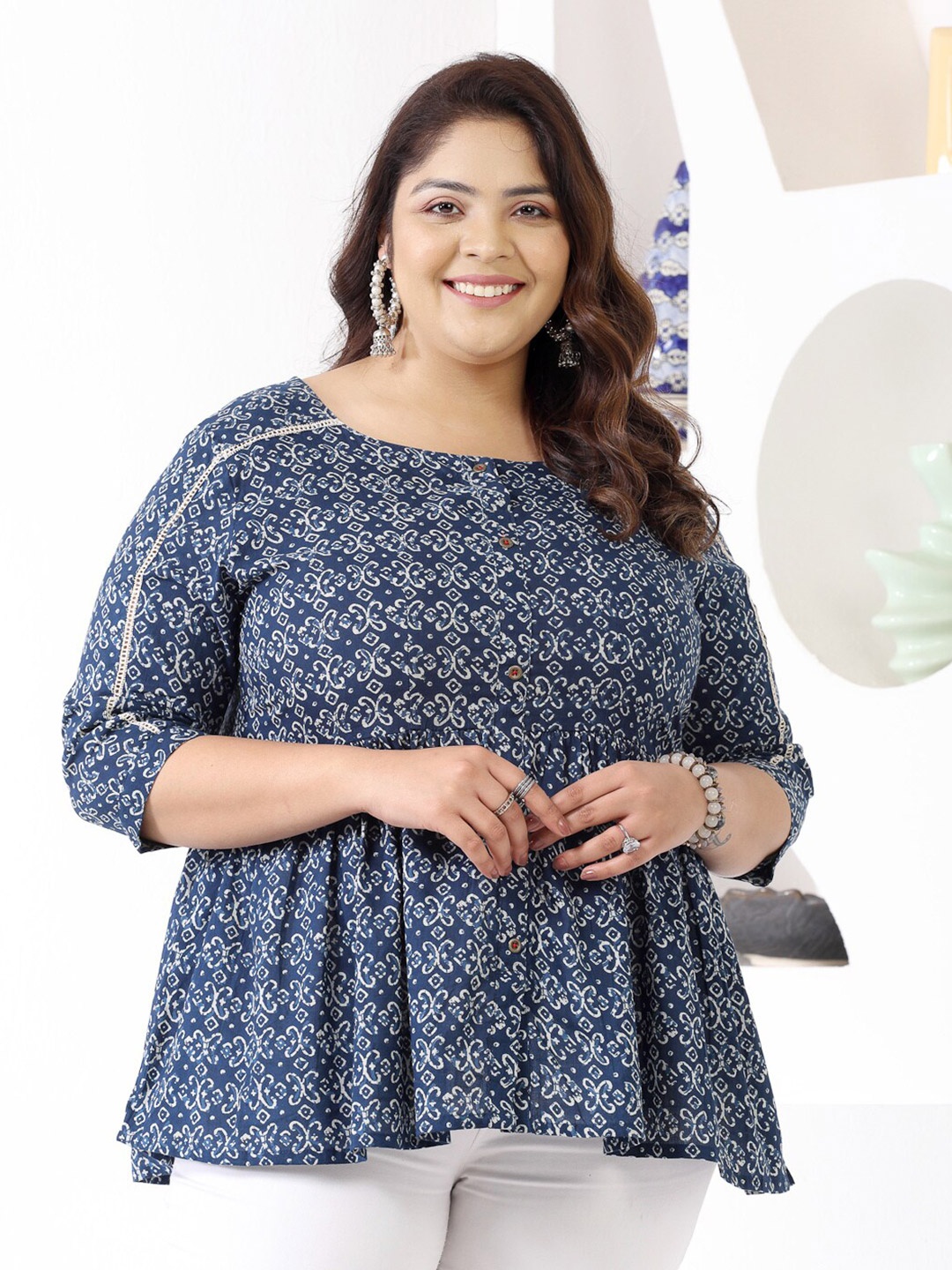 

Little More By Stylum Plus Size Ethnic Motifs Printed Pure Cotton A-Line Top, Blue