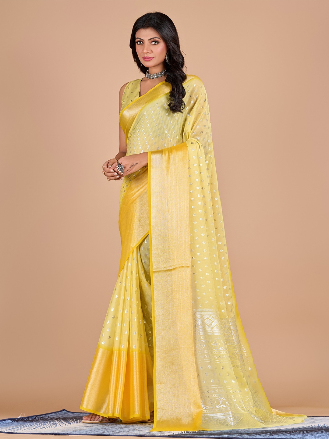 

VIRICA Ethnic Motifs Printed Zari Banarasi Saree, Yellow