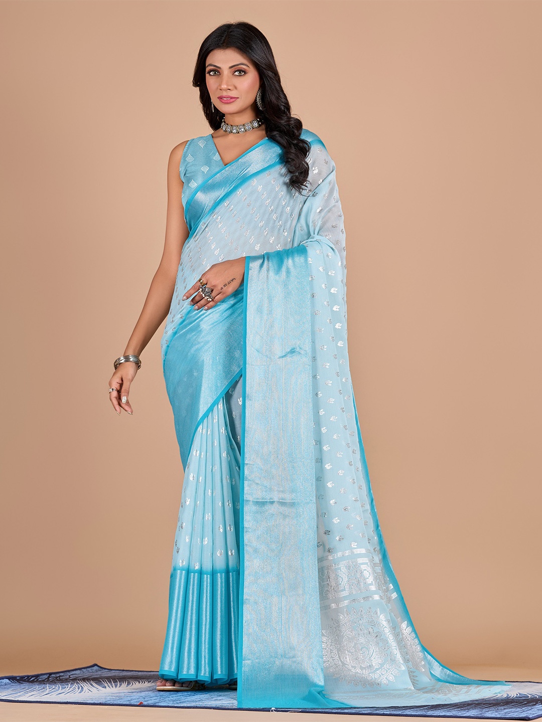

VIRICA Ethnic Motifs Printed Zari Banarasi Saree, Blue