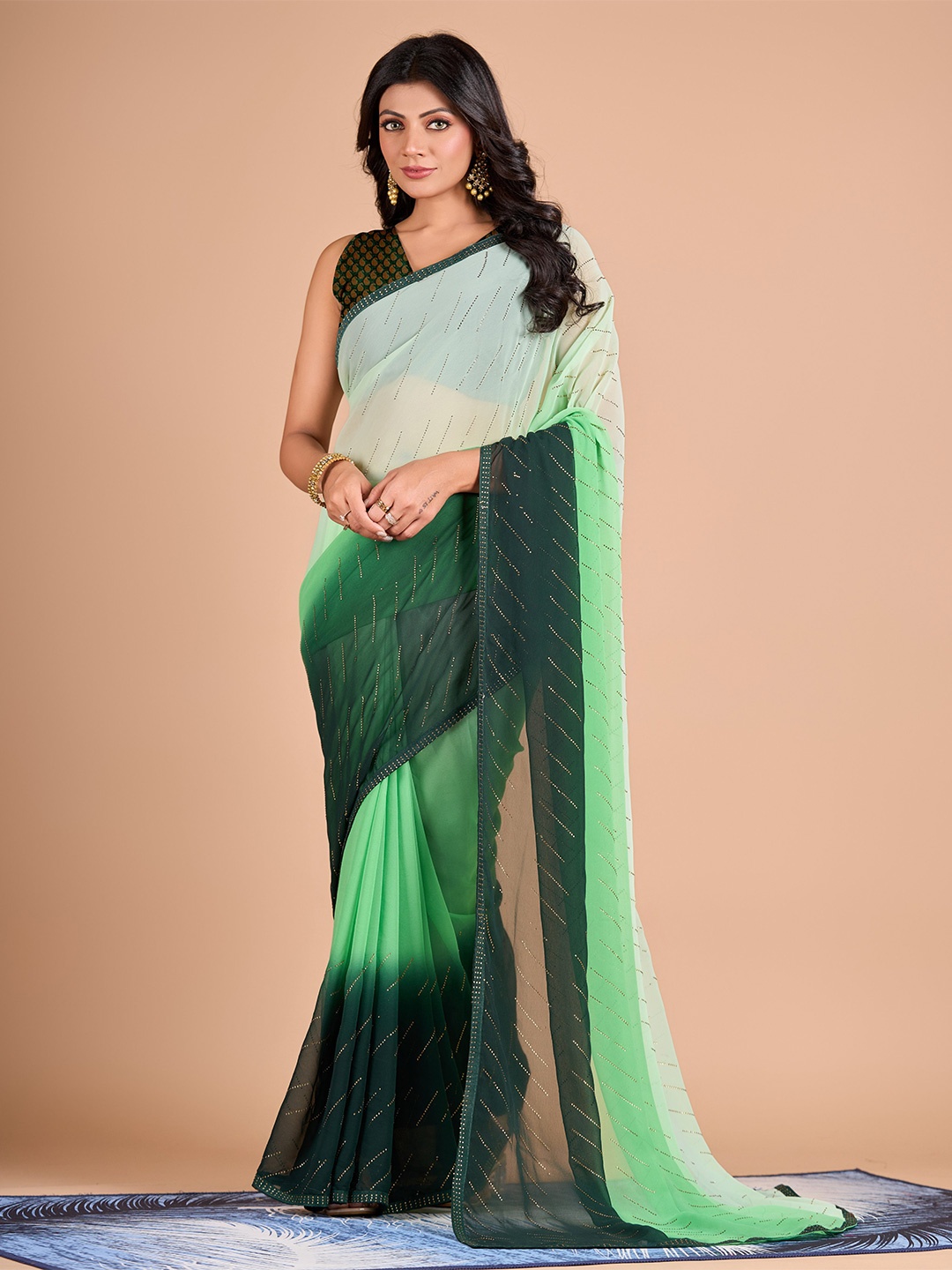 

VIRICA Ombre Beads and Stones Saree, Green