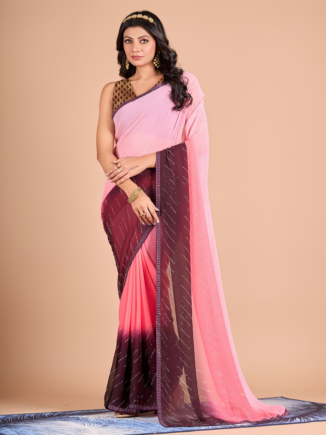 

VIRICA Ombre Embellished Beads and Stones Saree, Pink