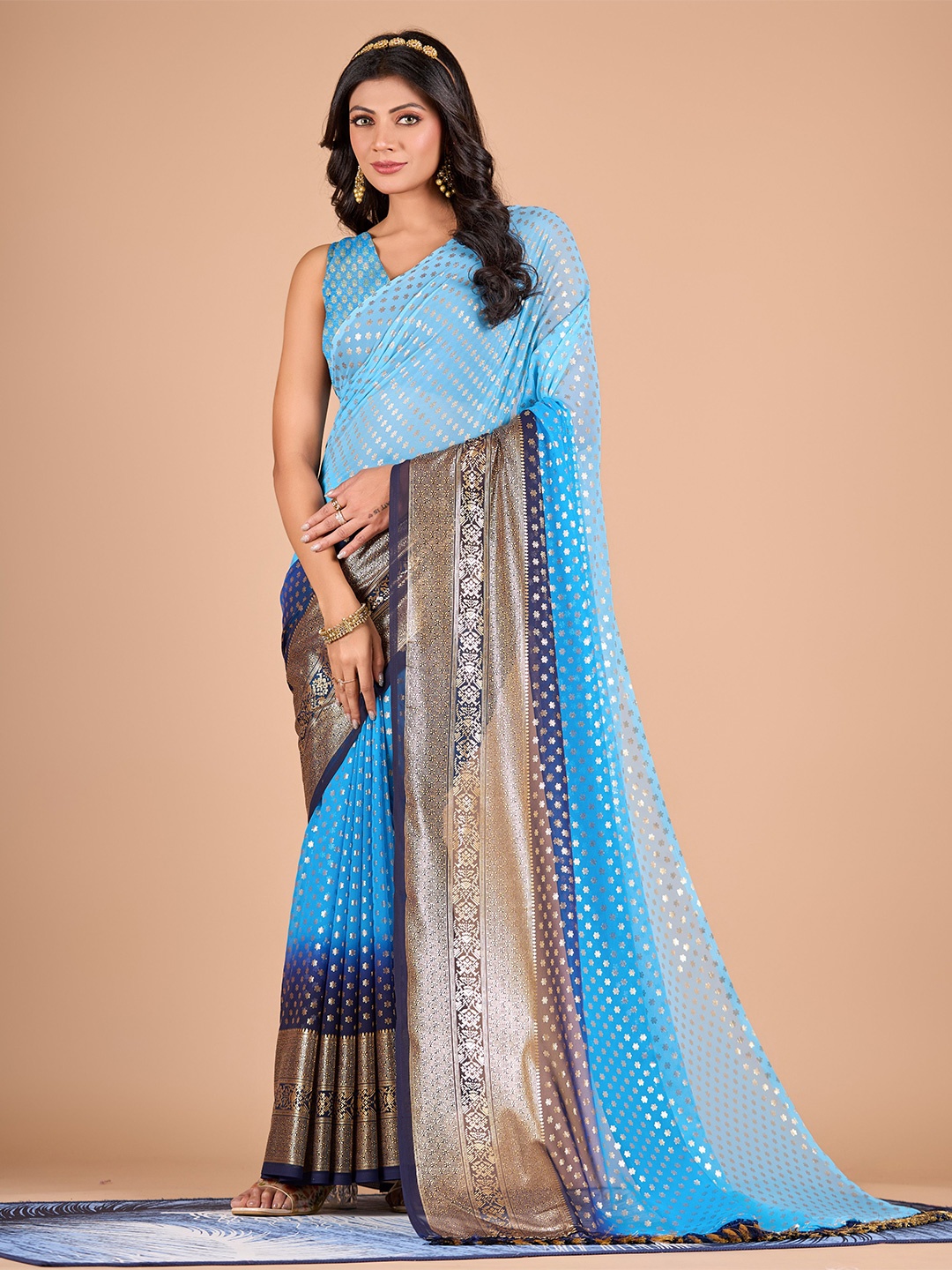 

VIRICA Polka Dot Printed Zari Kanjeevaram Saree, Blue