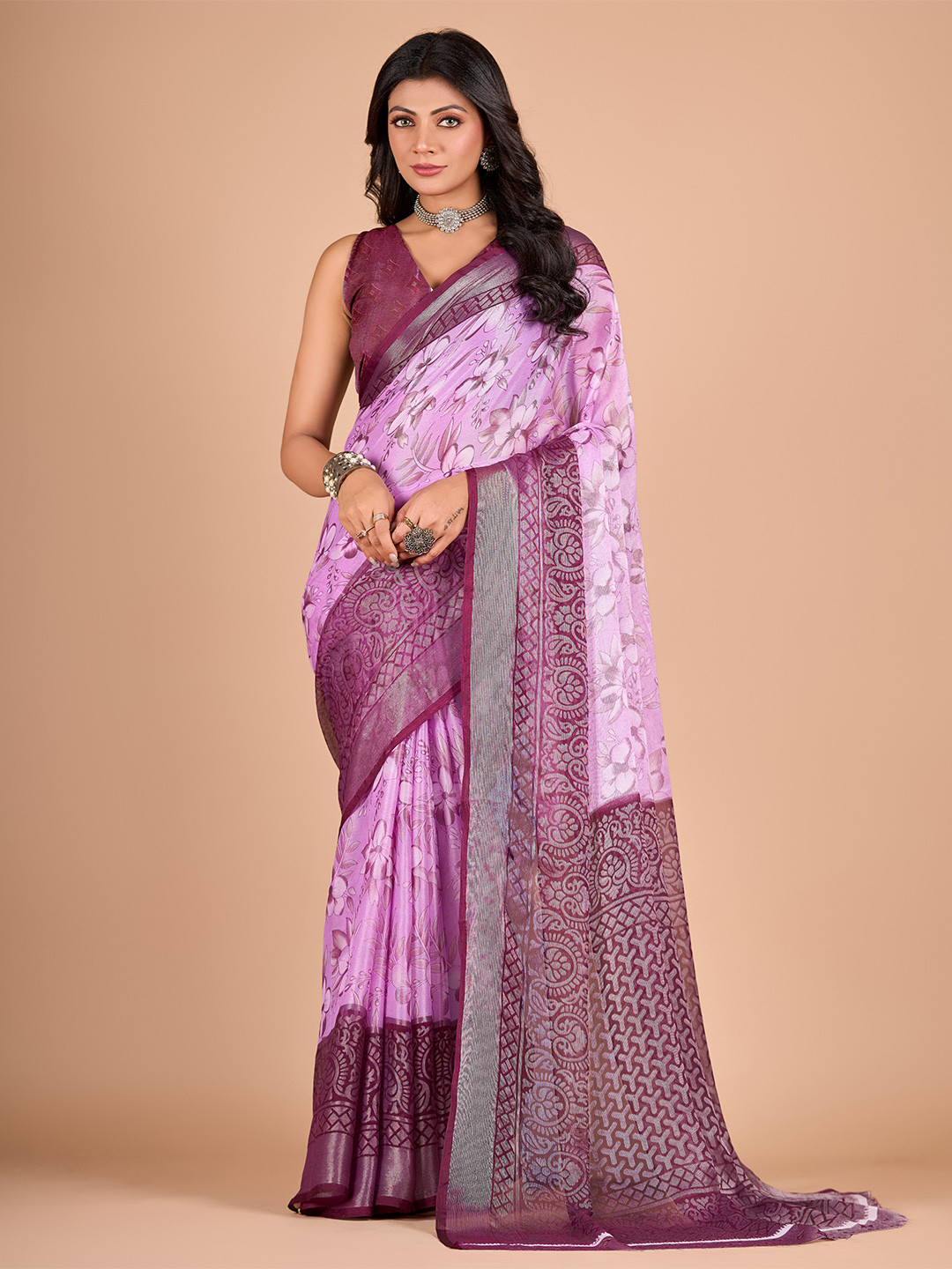 

VIRICA Floral Prinedt Saree, Pink