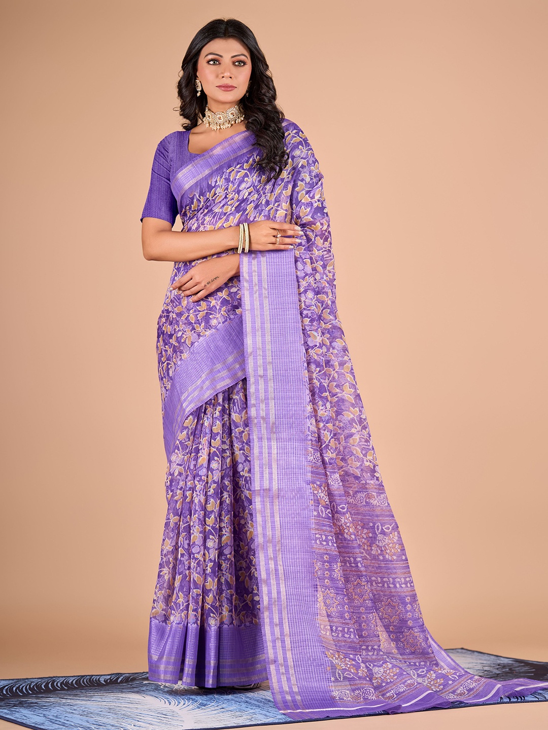 

VIRICA Floral Printed Khadi Saree, Grey