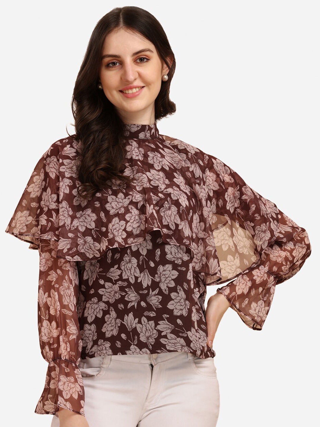 Fashion2wear Floral Printed High Neck Puff Sleeve Top, Brown