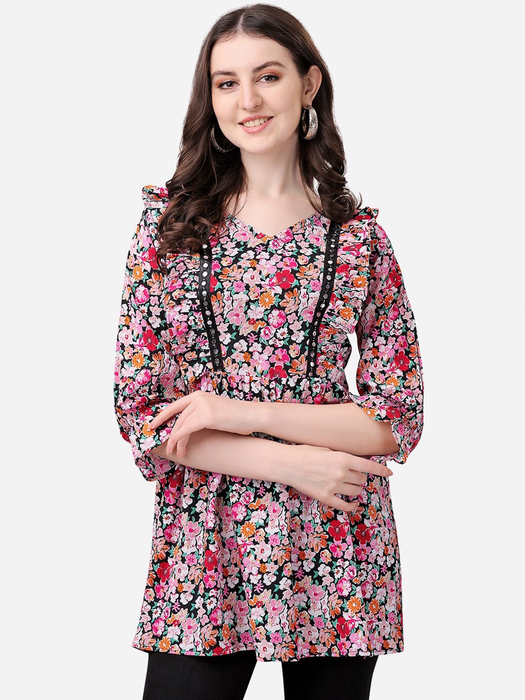 

Fashion2wear Floral Printed V-Neck Puff Sleeve Longline Top, Black